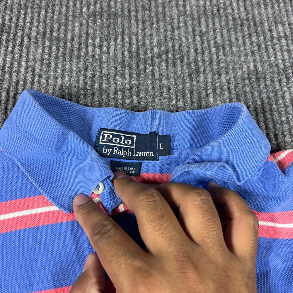 Polo Ralph Lauren Shirt Men's L Blue Pink Striped Short Sleeve Polo Pique Preppy - Picture 4 of 8